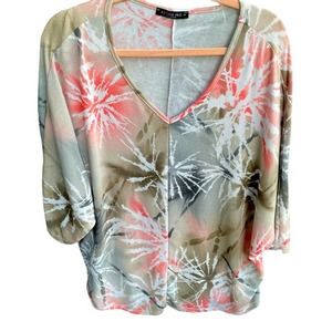 Acting Pro Knit Top Womens Plus Size 2X XXL Brown Pink Firework 3/4 Sleeve